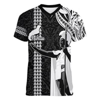 Custom Hawaii Niihau Island Women V Neck T Shirt Hawaiian King and Kakau Symbols Abstract Shoulder Tattoo LT03 Female Black - Polynesian Pride
