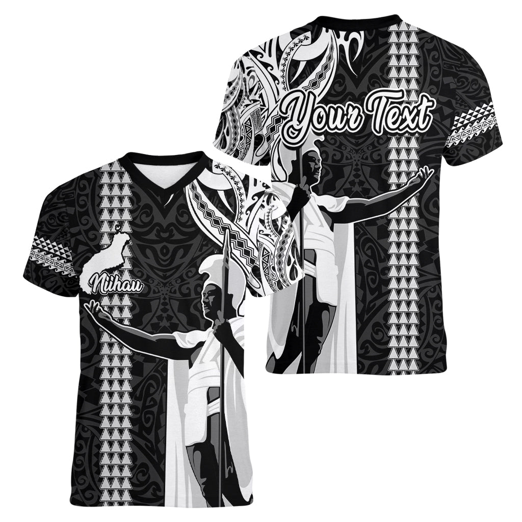 Custom Hawaii Niihau Island Women V Neck T Shirt Hawaiian King and Kakau Symbols Abstract Shoulder Tattoo LT03 - Polynesian Pride