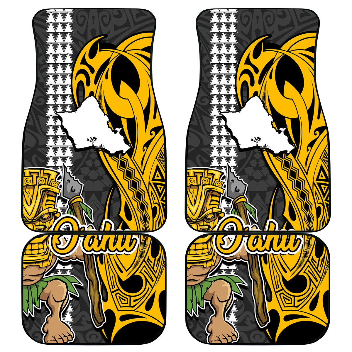 Hawaii Oahu Island Car Mats Hawaiian Warrior and Kakau Symbols Abstract Tattoo LT03 Yellow - Polynesian Pride