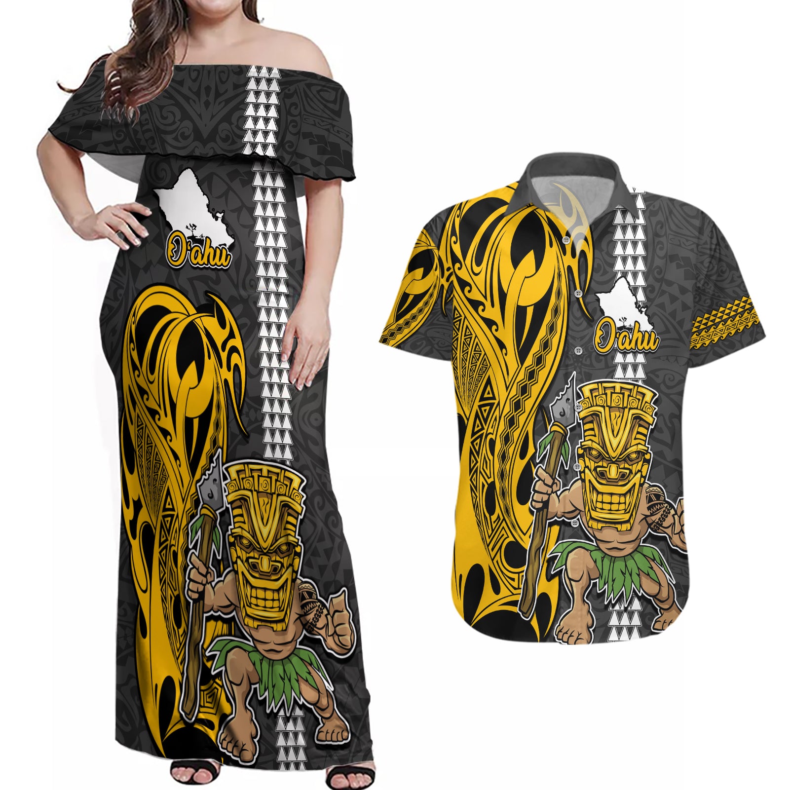 Hawaii Oahu Island Couples Matching Off Shoulder Maxi Dress and Hawaiian Shirt Hawaiian Warrior and Kakau Symbols Abstract Tattoo LT03 Yellow - Polynesian Pride