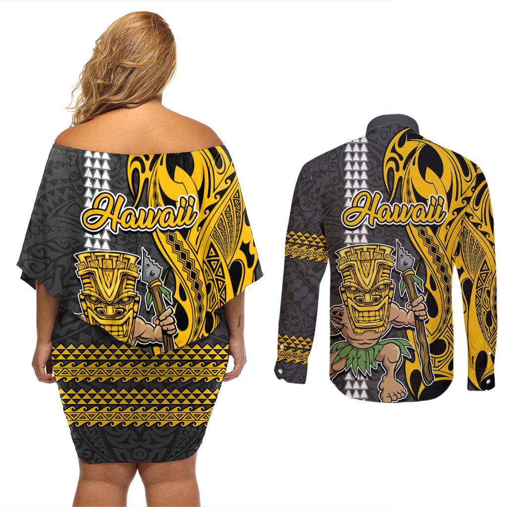 Hawaii Oahu Island Couples Matching Off Shoulder Short Dress and Long Sleeve Button Shirts Hawaiian Warrior and Kakau Symbols Abstract Tattoo LT03 - Polynesian Pride