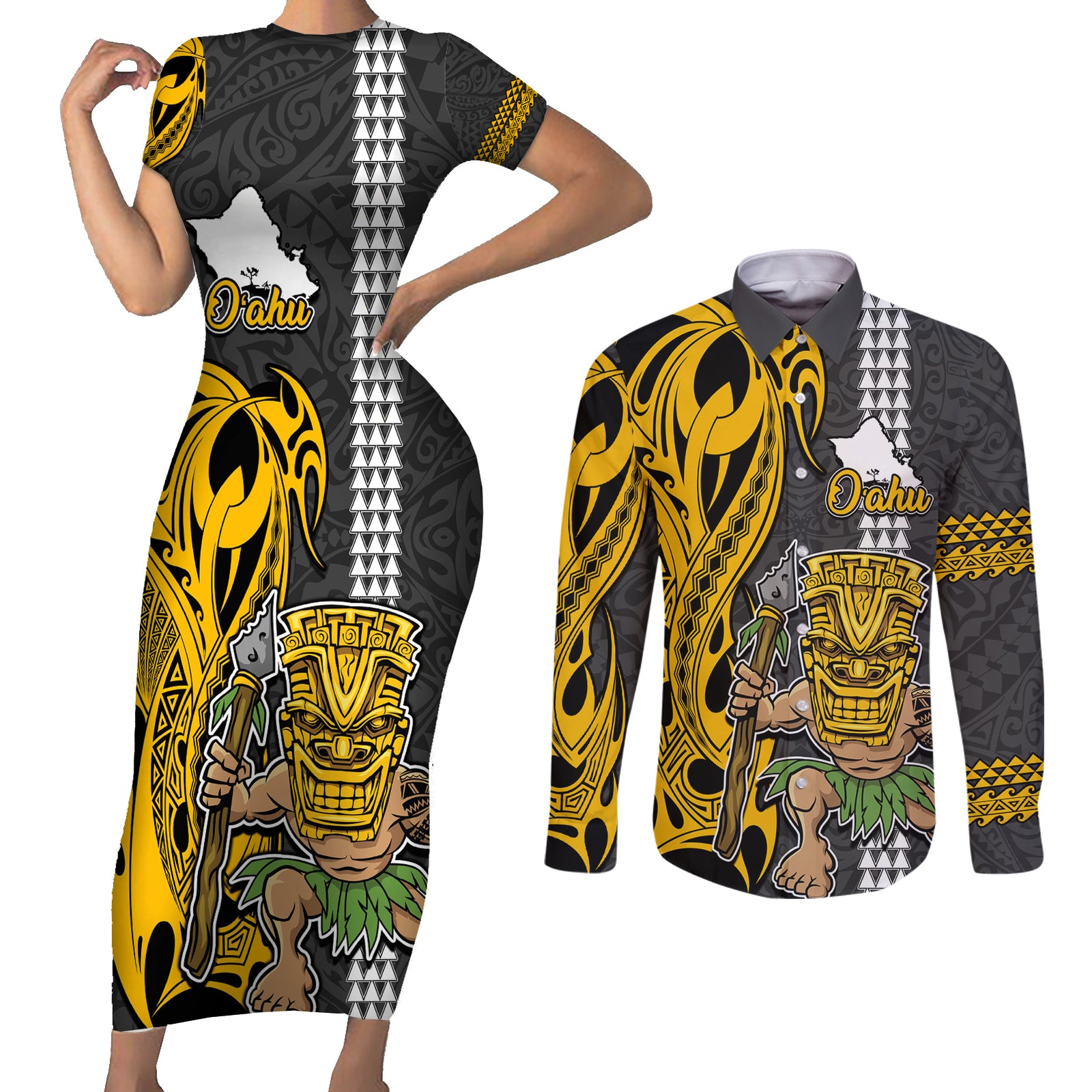Hawaii Oahu Island Couples Matching Short Sleeve Bodycon Dress and Long Sleeve Button Shirts Hawaiian Warrior and Kakau Symbols Abstract Tattoo LT03 Yellow - Polynesian Pride