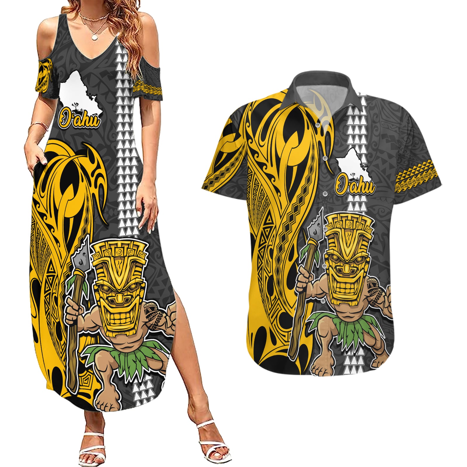 Hawaii Oahu Island Couples Matching Summer Maxi Dress and Hawaiian Shirt Hawaiian Warrior and Kakau Symbols Abstract Tattoo LT03 Yellow - Polynesian Pride