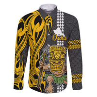 Hawaii Oahu Island Family Matching Off Shoulder Maxi Dress and Hawaiian Shirt Hawaiian Warrior and Kakau Symbols Abstract Tattoo LT03 Dad's Shirt - Long Sleeve Yellow - Polynesian Pride