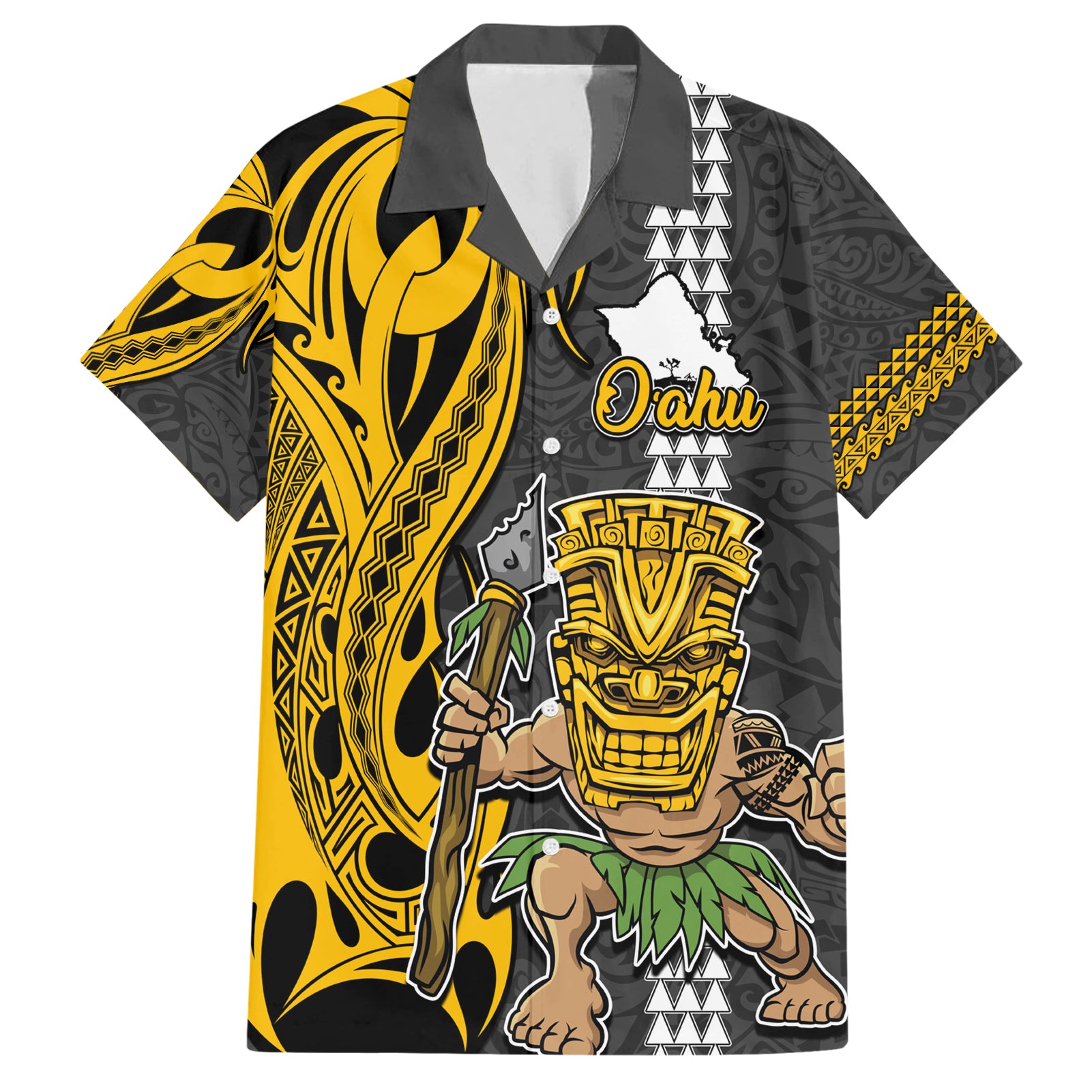 Hawaii Oahu Island Hawaiian Shirt Hawaiian Warrior and Kakau Symbols Abstract Tattoo LT03 Yellow - Polynesian Pride