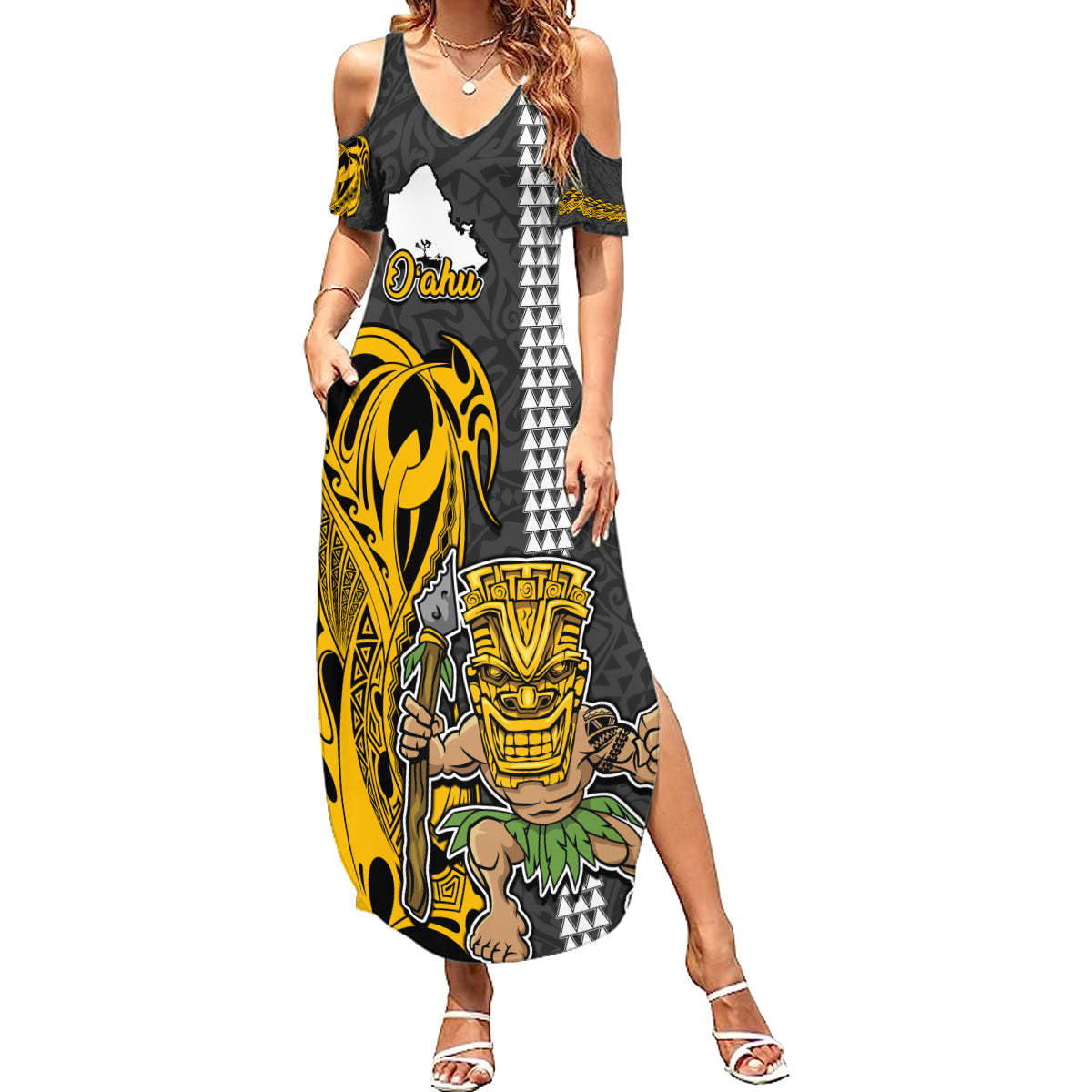 Hawaii Oahu Island Summer Maxi Dress Hawaiian Warrior and Kakau Symbols Abstract Tattoo LT03 Women Yellow - Polynesian Pride