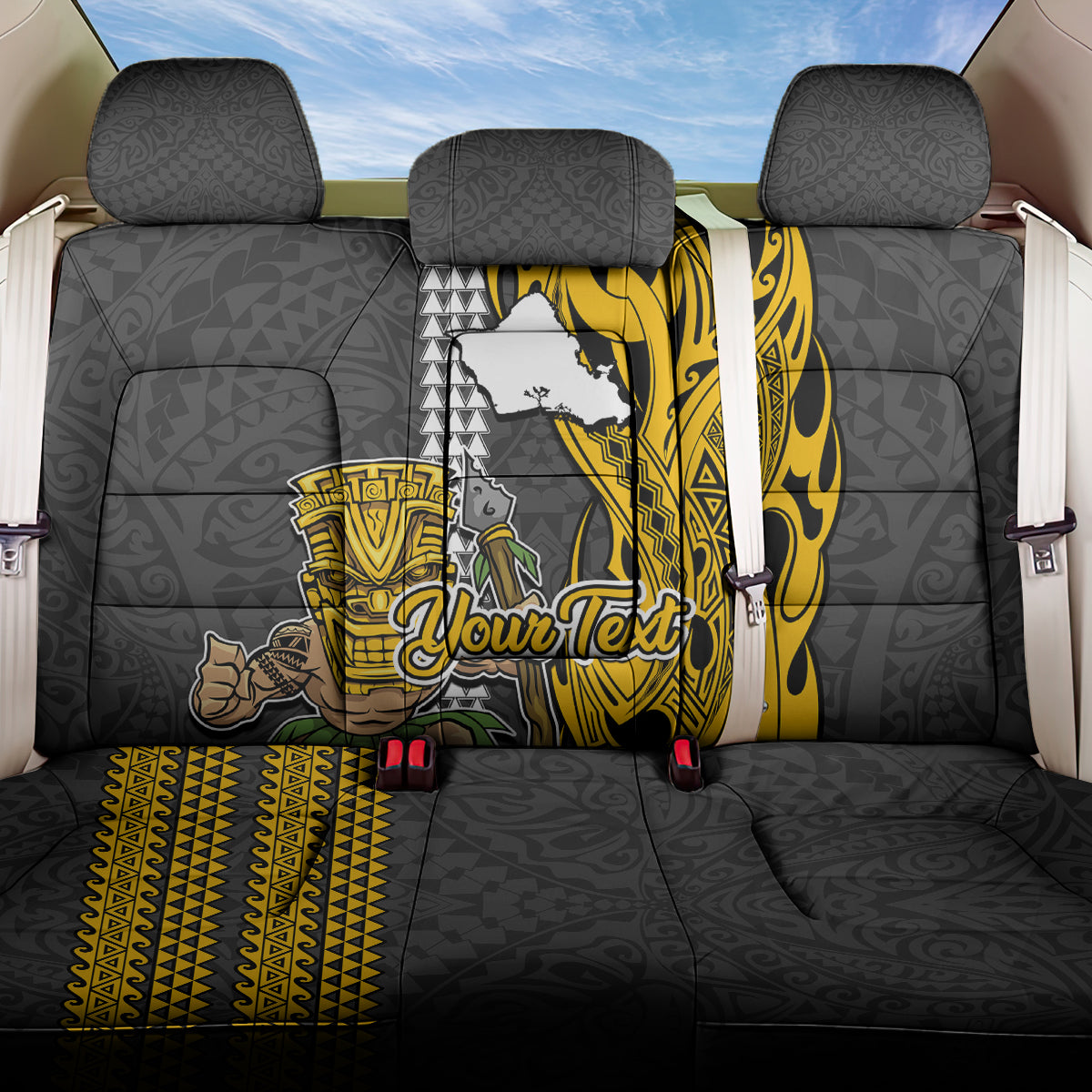 Custom Hawaii Oahu Island Back Car Seat Cover Hawaiian Warrior and Kakau Symbols Abstract Tattoo