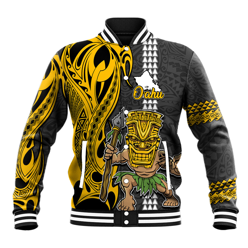 Custom Hawaii Oahu Island Baseball Jacket Hawaiian Warrior and Kakau Symbols Abstract Tattoo LT03 Unisex Yellow - Polynesian Pride