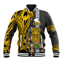 Custom Hawaii Oahu Island Baseball Jacket Hawaiian Warrior and Kakau Symbols Abstract Tattoo LT03 Unisex Yellow - Polynesian Pride