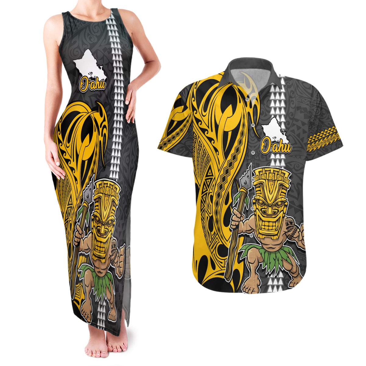 Custom Hawaii Oahu Island Couples Matching Tank Maxi Dress and Hawaiian Shirt Hawaiian Warrior and Kakau Symbols Abstract Tattoo LT03 Yellow - Polynesian Pride