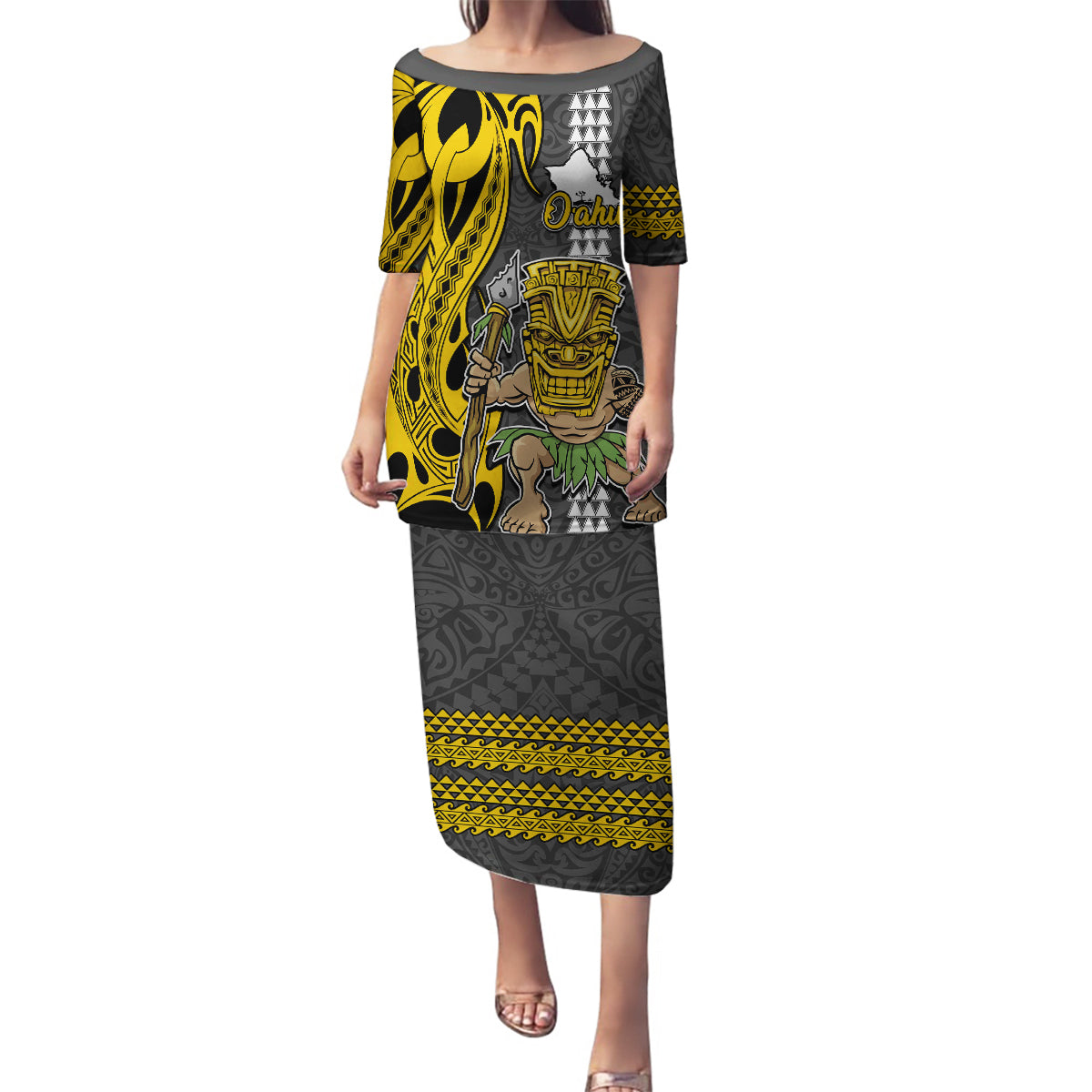 Custom Hawaii Oahu Island Family Matching Puletasi Dress and Hawaiian Shirt Hawaiian Warrior and Kakau Symbols Abstract Tattoo LT03 Mom's Dress Yellow - Polynesian Pride
