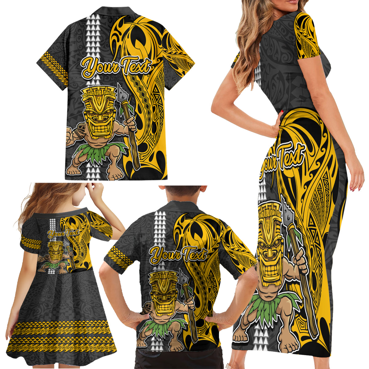 Custom Hawaii Oahu Island Family Matching Short Sleeve Bodycon Dress and Hawaiian Shirt Hawaiian Warrior and Kakau Symbols Abstract Tattoo LT03 - Polynesian Pride