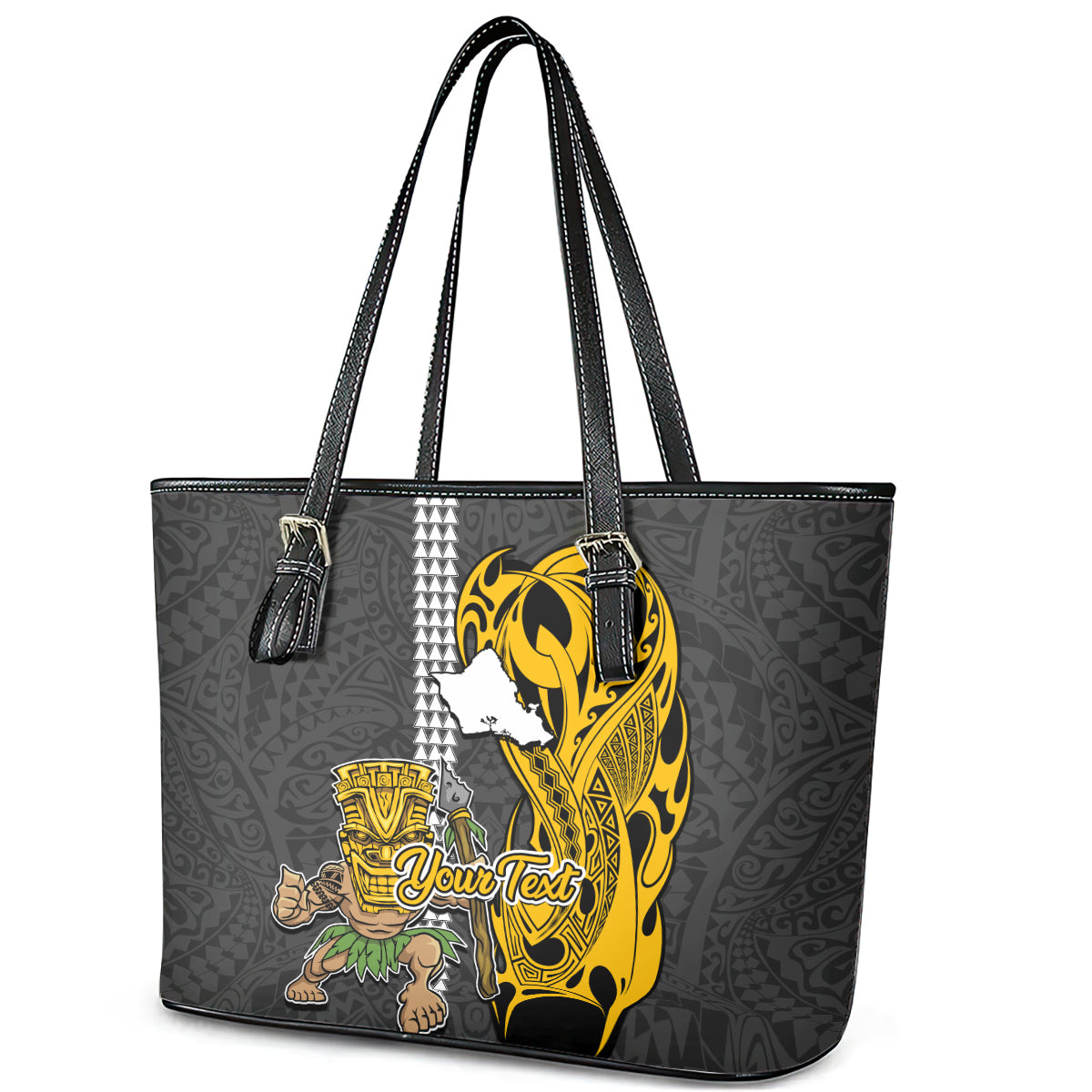 Custom Hawaii Oahu Island Leather Tote Bag Hawaiian Warrior and Kakau Symbols Abstract Tattoo LT03 - Polynesian Pride