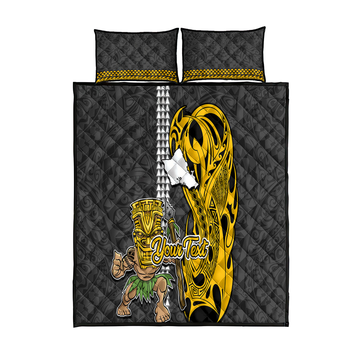Custom Hawaii Oahu Island Quilt Bed Set Hawaiian Warrior and Kakau Symbols Abstract Tattoo LT03 Yellow - Polynesian Pride
