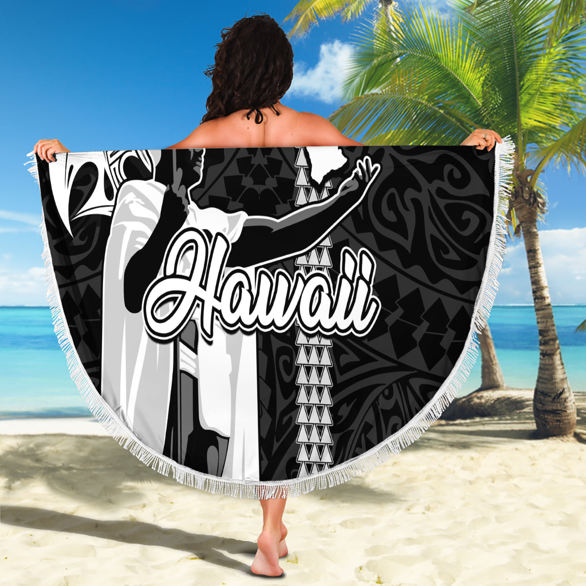Hawaii Oahu Island Beach Blanket Hawaiian King and Kakau Symbols Abstract Shoulder Tattoo LT03 - Wonder Print Shop