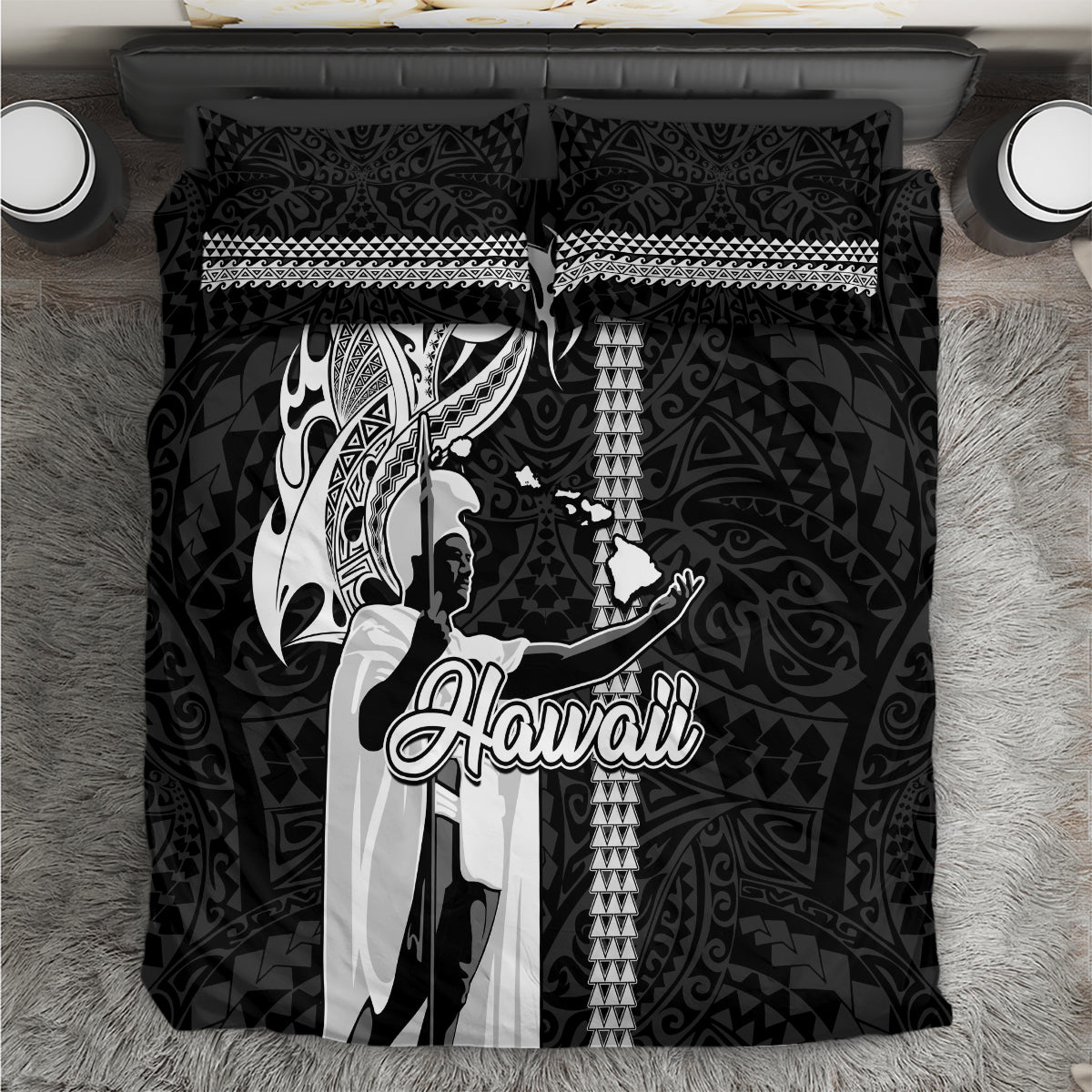 Hawaii Oahu Island Bedding Set Hawaiian King and Kakau Symbols Abstract Shoulder Tattoo LT03 Black - Polynesian Pride