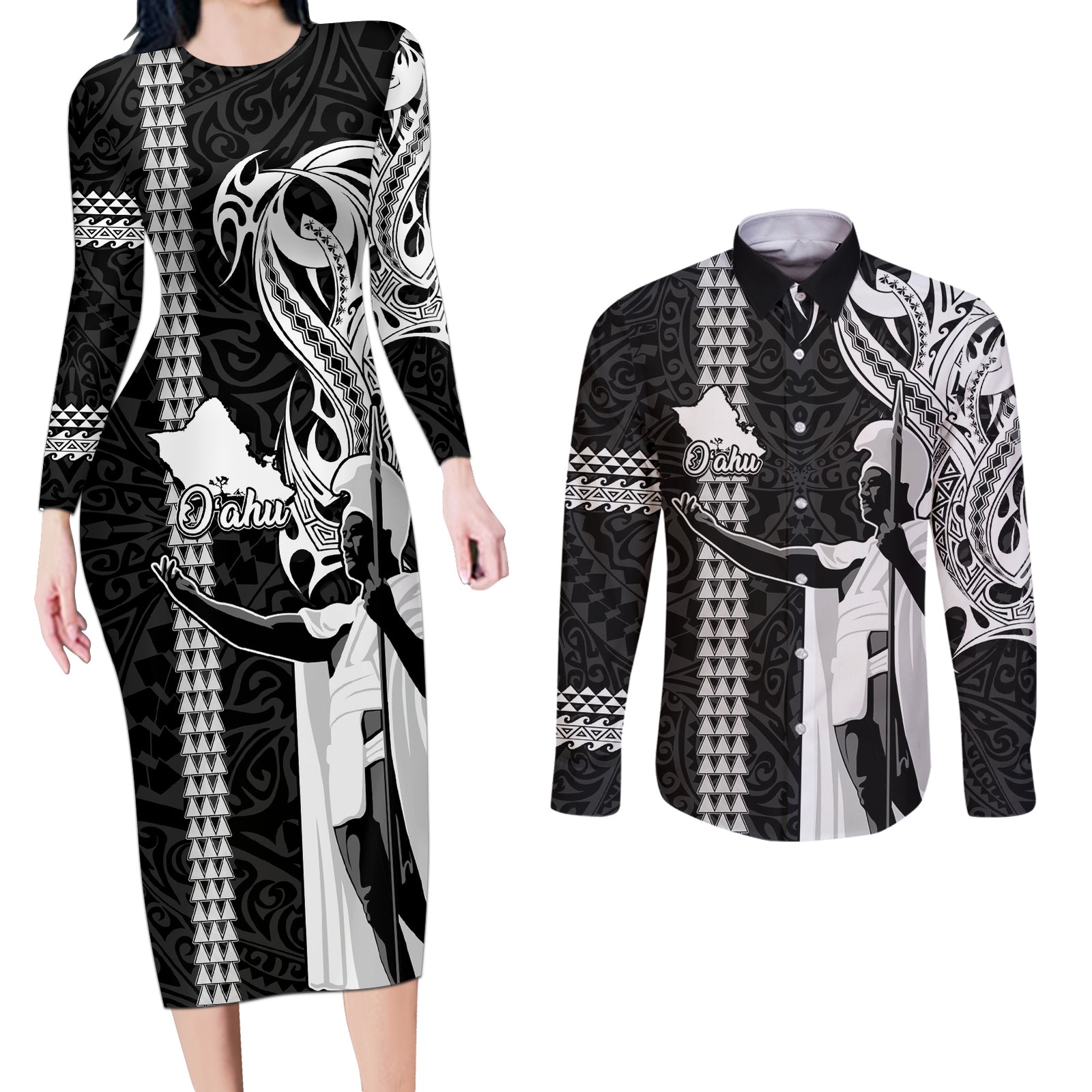 Hawaii Oahu Island Couples Matching Long Sleeve Bodycon Dress and Long Sleeve Button Shirts Hawaiian King and Kakau Symbols Abstract Shoulder Tattoo LT03 Black - Polynesian Pride