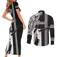 Hawaii Oahu Island Couples Matching Short Sleeve Bodycon Dress and Long Sleeve Button Shirts Hawaiian King and Kakau Symbols Abstract Shoulder Tattoo LT03 - Polynesian Pride