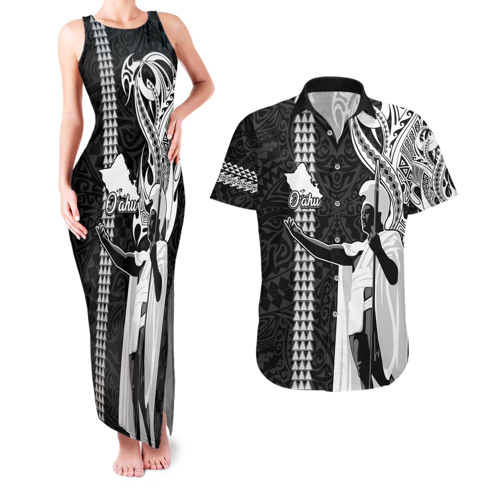 Hawaii Oahu Island Couples Matching Tank Maxi Dress and Hawaiian Shirt Hawaiian King and Kakau Symbols Abstract Shoulder Tattoo LT03 Black - Polynesian Pride