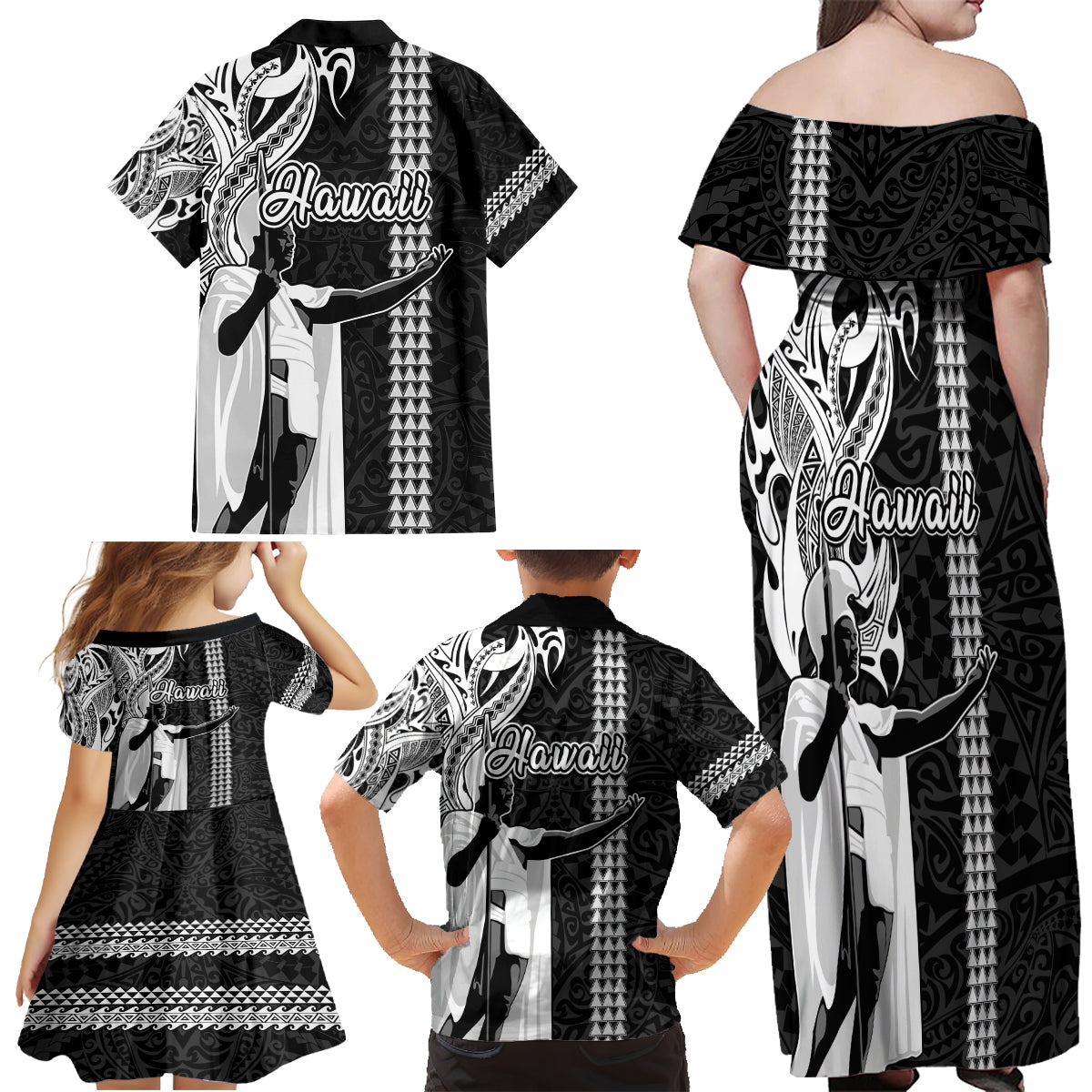 Hawaii Oahu Island Family Matching Off Shoulder Maxi Dress and Hawaiian Shirt Hawaiian King and Kakau Symbols Abstract Shoulder Tattoo LT03 - Polynesian Pride