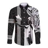 Hawaii Oahu Island Long Sleeve Button Shirt Hawaiian King and Kakau Symbols Abstract Shoulder Tattoo LT03 Unisex Black - Polynesian Pride