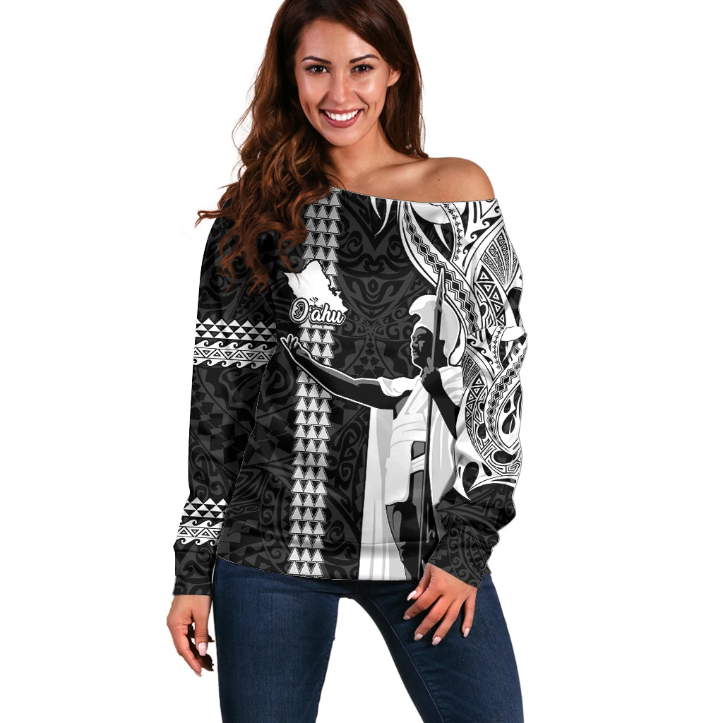 Hawaii Oahu Island Off Shoulder Sweater Hawaiian King and Kakau Symbols Abstract Shoulder Tattoo LT03 Women Black - Polynesian Pride