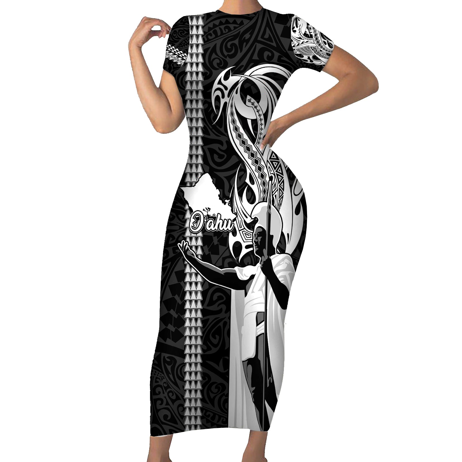 Hawaii Oahu Island Short Sleeve Bodycon Dress Hawaiian King and Kakau Symbols Abstract Shoulder Tattoo LT03 Long Dress Black - Polynesian Pride
