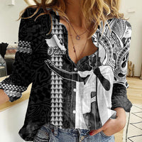 Hawaii Oahu Island Women Casual Shirt Hawaiian King and Kakau Symbols Abstract Shoulder Tattoo LT03 Female Black - Polynesian Pride