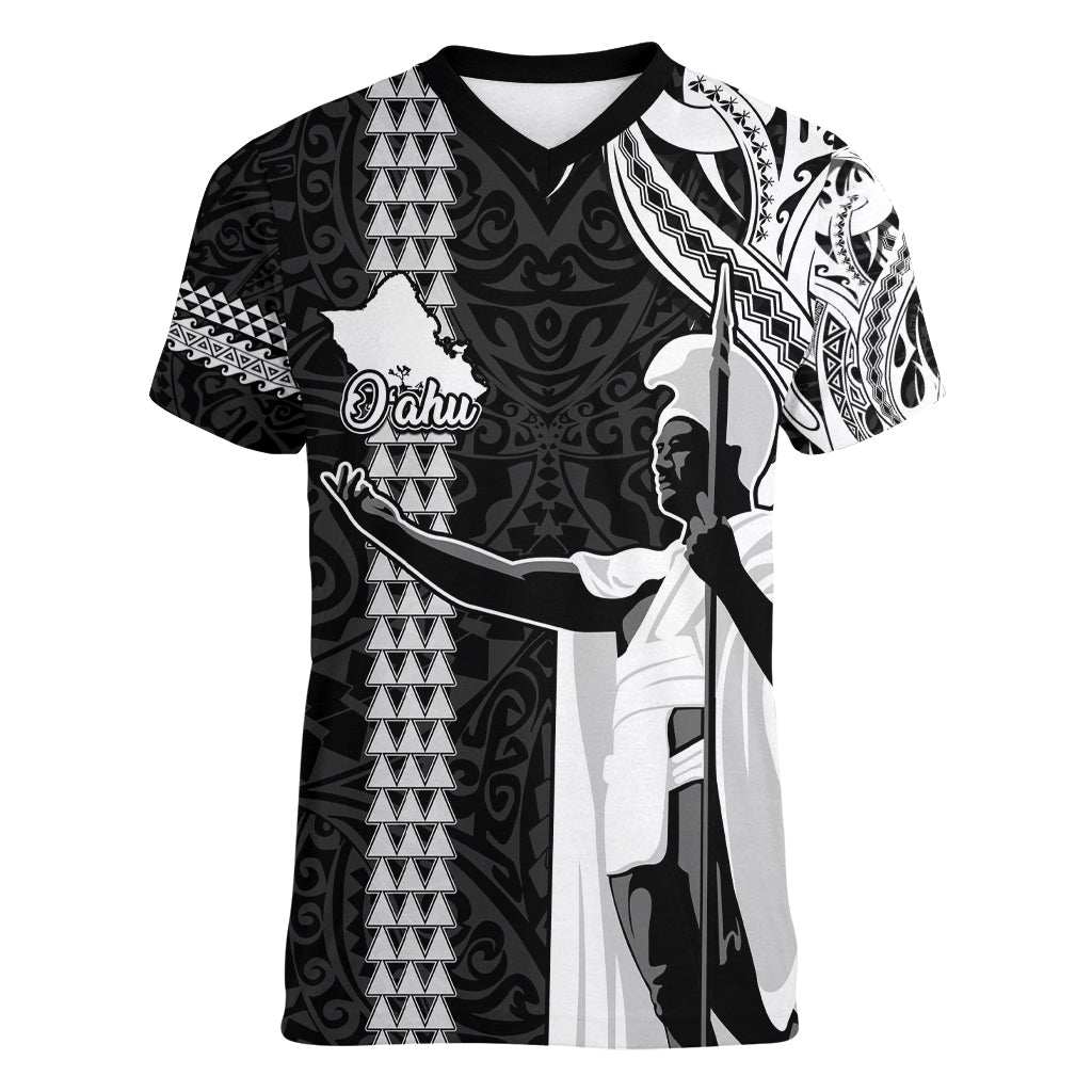 Hawaii Oahu Island Women V Neck T Shirt Hawaiian King and Kakau Symbols Abstract Shoulder Tattoo LT03 Female Black - Polynesian Pride