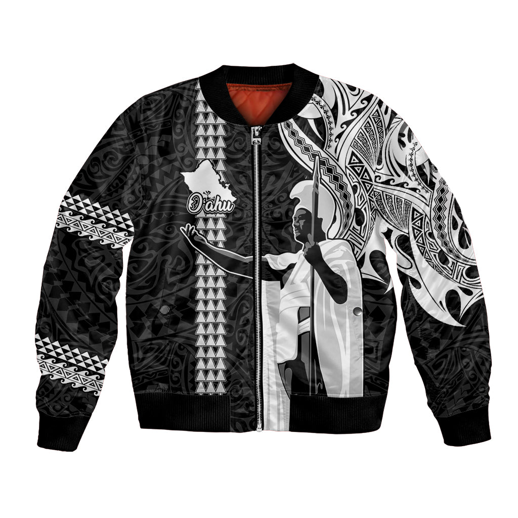 Custom Hawaii Oahu Island Bomber Jacket Hawaiian King and Kakau Symbols Abstract Shoulder Tattoo LT03 Unisex Black - Polynesian Pride