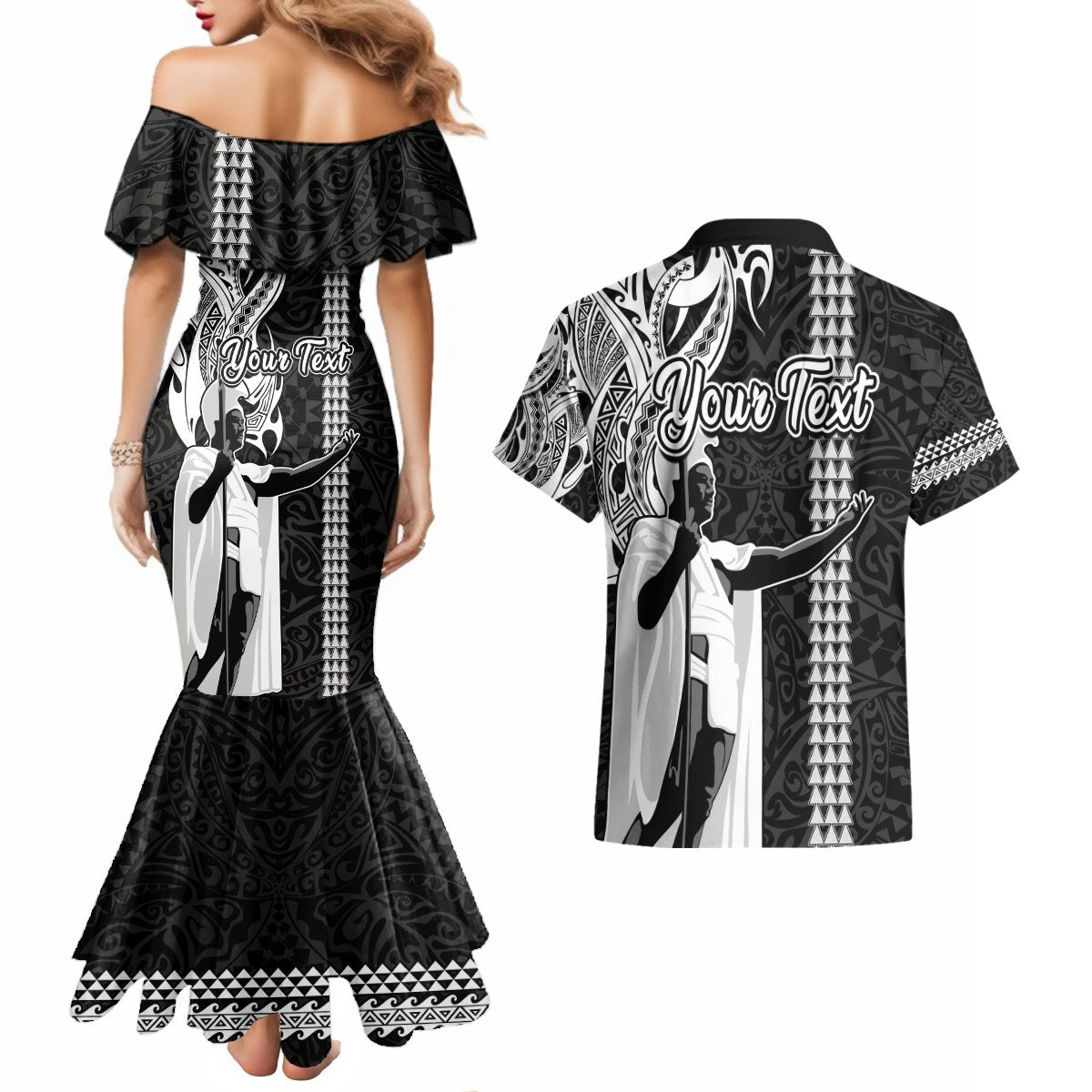 Custom Hawaii Oahu Island Couples Matching Mermaid Dress and Hawaiian Shirt Hawaiian King and Kakau Symbols Abstract Shoulder Tattoo LT03 - Polynesian Pride