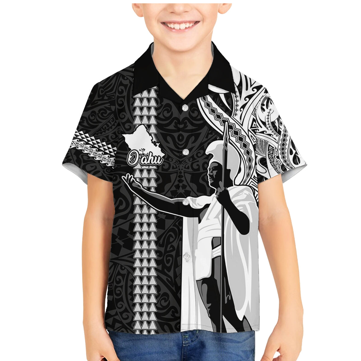 Custom Hawaii Oahu Island Family Matching Mermaid Dress and Hawaiian Shirt Hawaiian King and Kakau Symbols Abstract Shoulder Tattoo LT03 Son's Shirt Black - Polynesian Pride