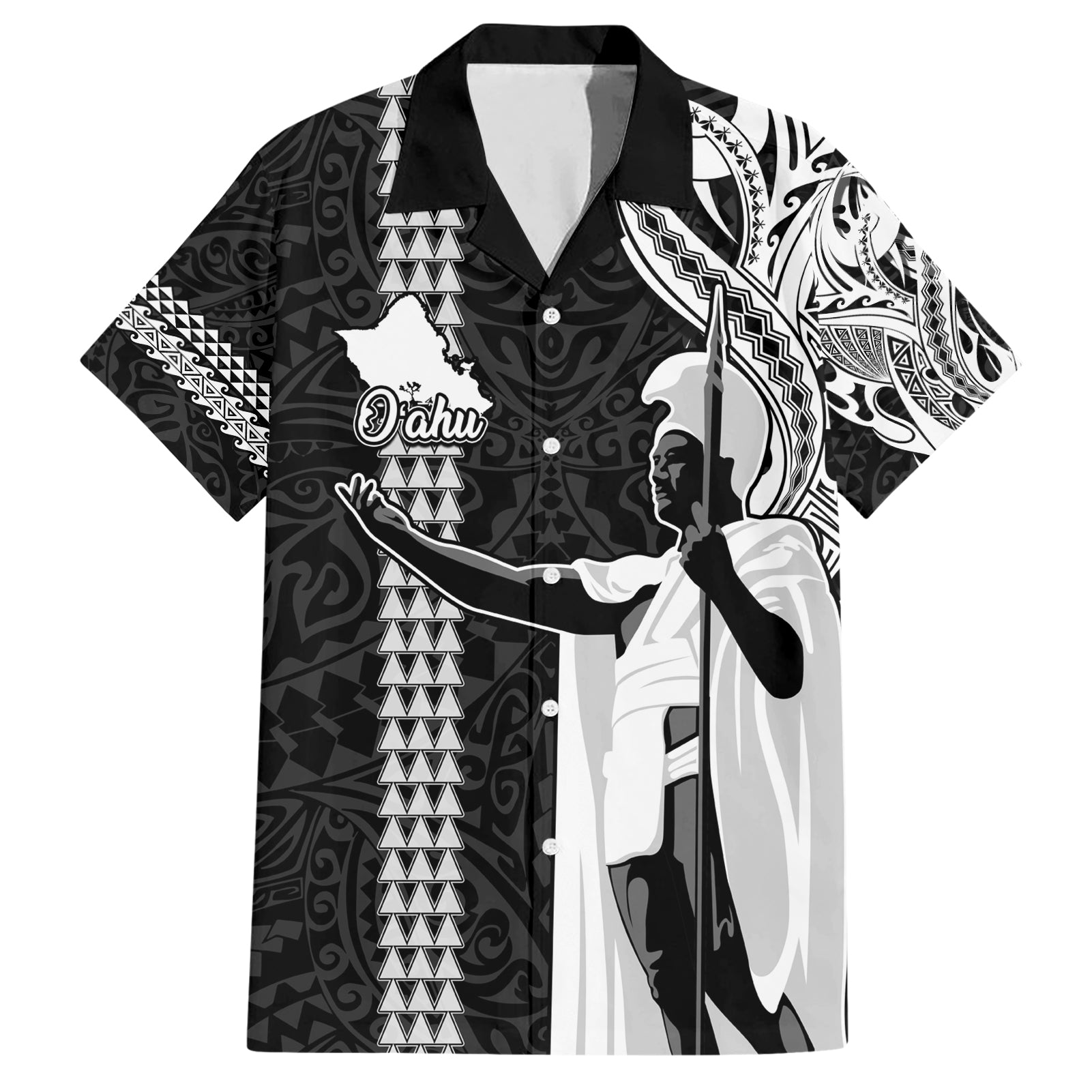 Custom Hawaii Oahu Island Hawaiian Shirt Hawaiian King and Kakau Symbols Abstract Shoulder Tattoo LT03 Black - Polynesian Pride