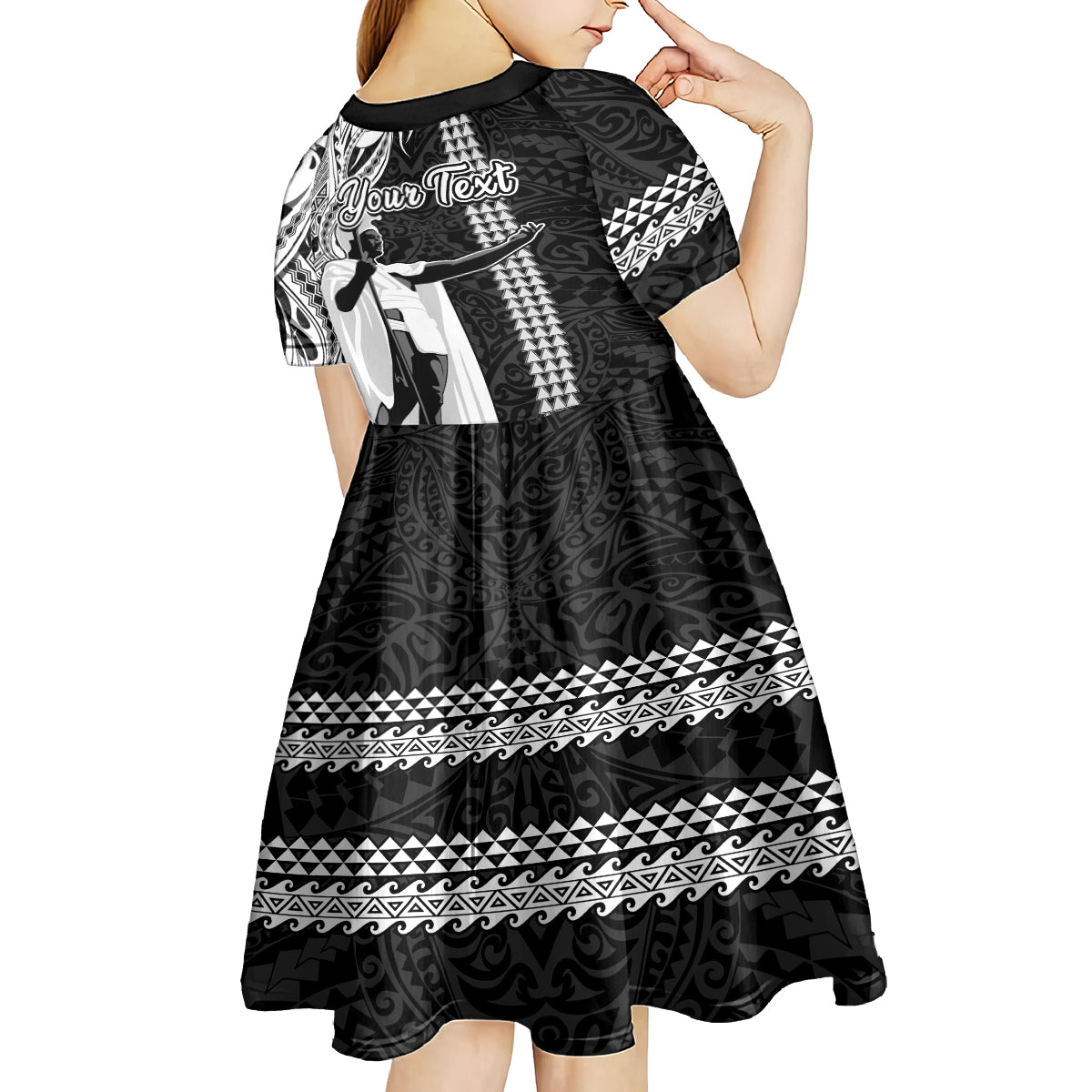 Custom Hawaii Oahu Island Kid Short Sleeve Dress Hawaiian King and Kakau Symbols Abstract Shoulder Tattoo LT03 - Polynesian Pride