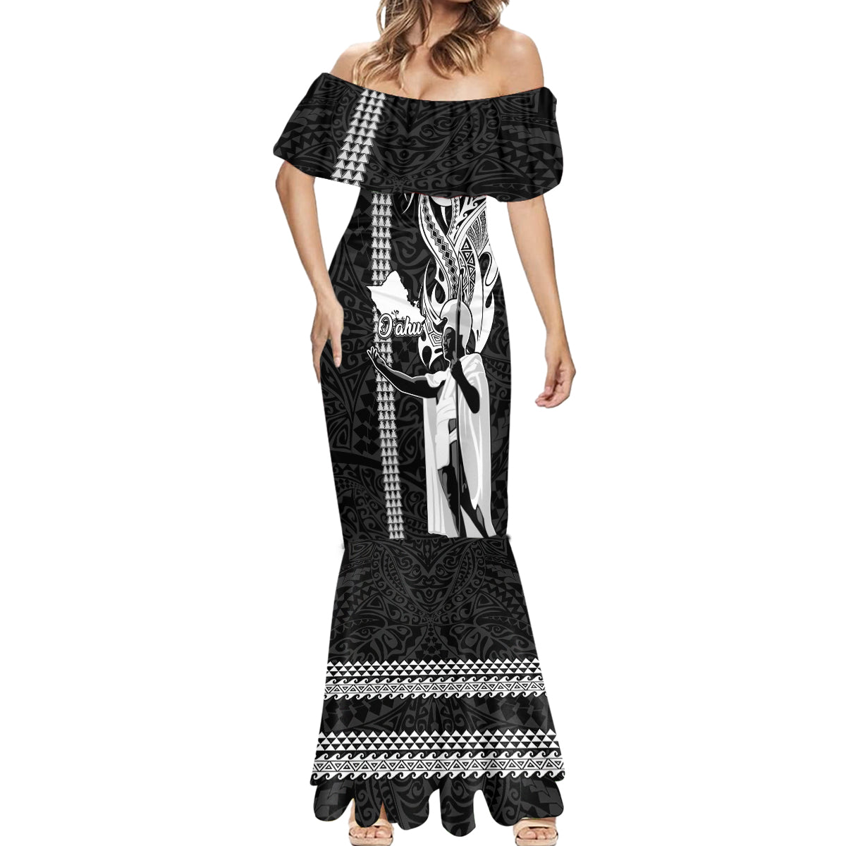 Custom Hawaii Oahu Island Mermaid Dress Hawaiian King and Kakau Symbols Abstract Shoulder Tattoo LT03 - Polynesian Pride