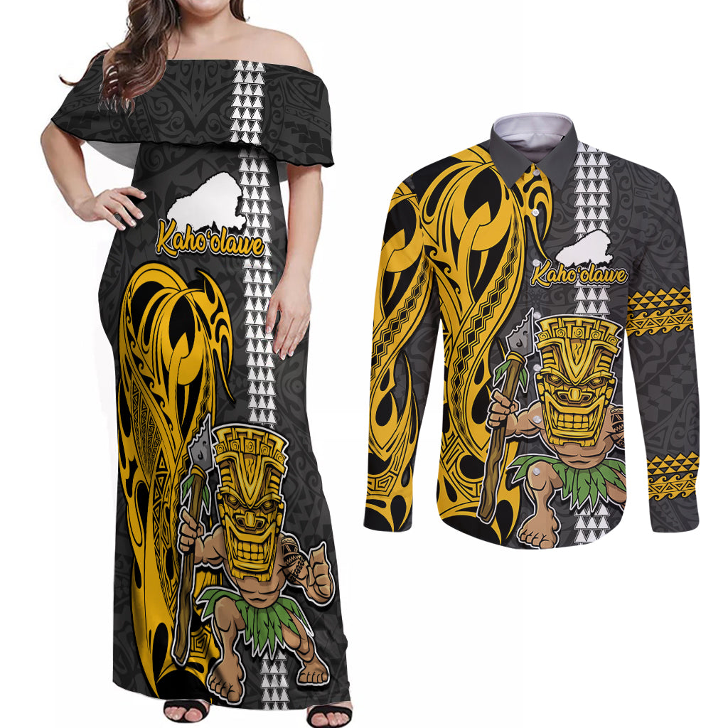 Hawaii Kahoolawe Island Couples Matching Off Shoulder Maxi Dress and Long Sleeve Button Shirts Hawaiian Warrior and Kakau Symbols Abstract Tattoo LT03 Yellow - Polynesian Pride