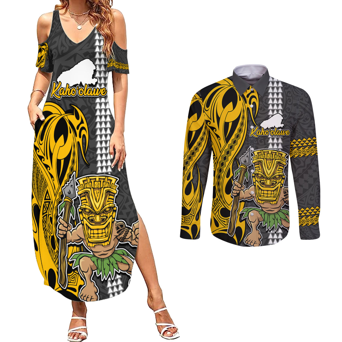 Hawaii Kahoolawe Island Couples Matching Summer Maxi Dress and Long Sleeve Button Shirts Hawaiian Warrior and Kakau Symbols Abstract Tattoo LT03 Yellow - Polynesian Pride