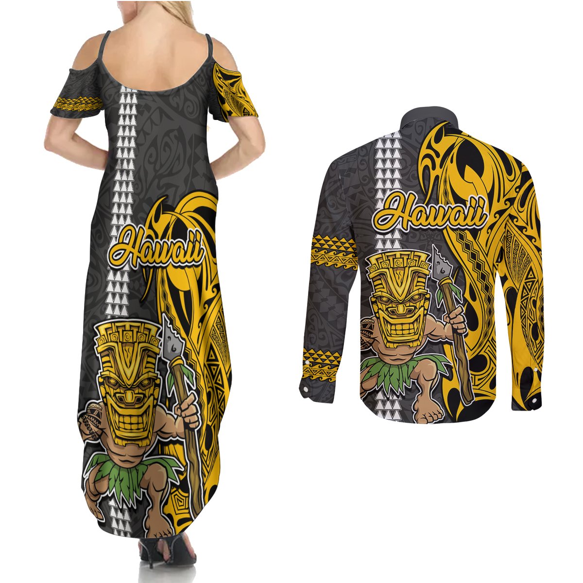 Hawaii Kahoolawe Island Couples Matching Summer Maxi Dress and Long Sleeve Button Shirts Hawaiian Warrior and Kakau Symbols Abstract Tattoo LT03 - Polynesian Pride