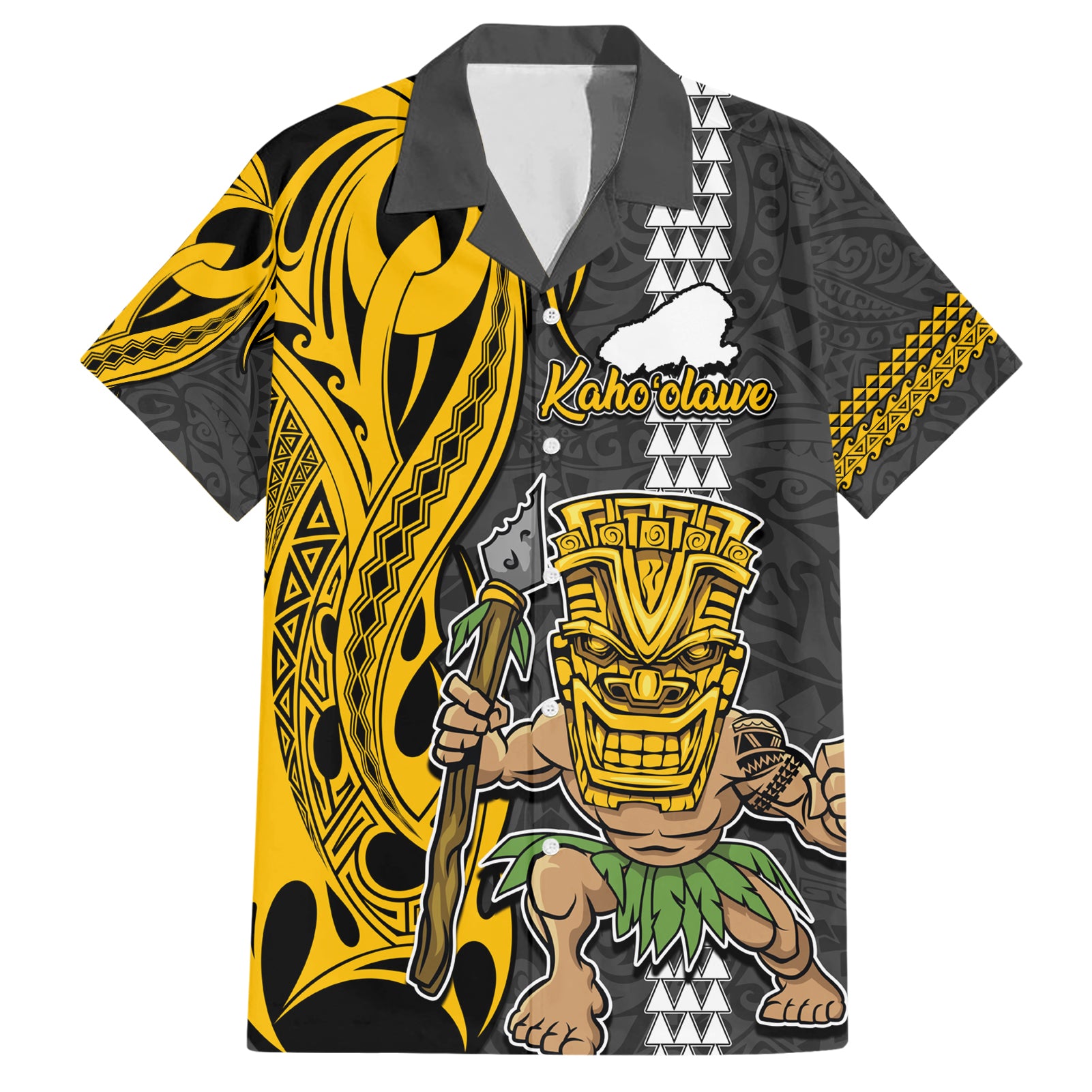 Hawaii Kahoolawe Island Hawaiian Shirt Hawaiian Warrior and Kakau Symbols Abstract Tattoo LT03 Yellow - Polynesian Pride