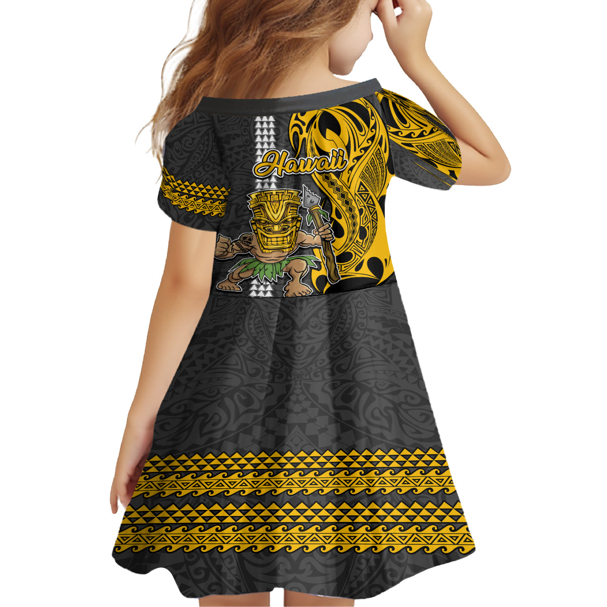 Hawaii Kahoolawe Island Kid Short Sleeve Dress Hawaiian Warrior and Kakau Symbols Abstract Tattoo LT03 - Polynesian Pride