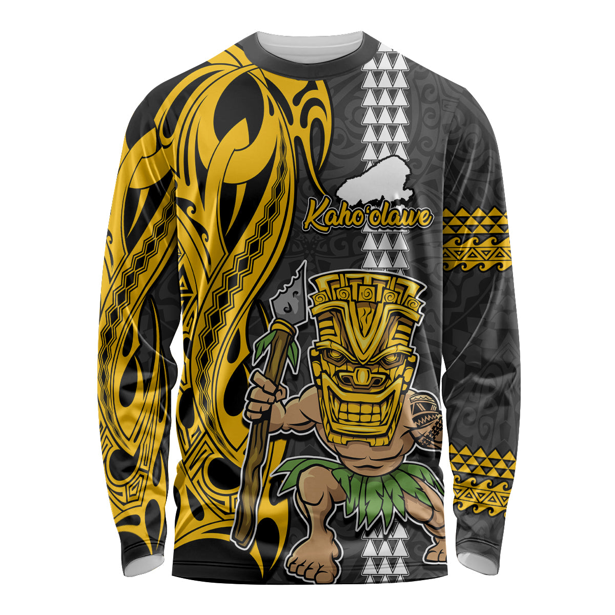 Hawaii Kahoolawe Island Long Sleeve Shirt Hawaiian Warrior and Kakau Symbols Abstract Tattoo LT03 Unisex Yellow - Polynesian Pride