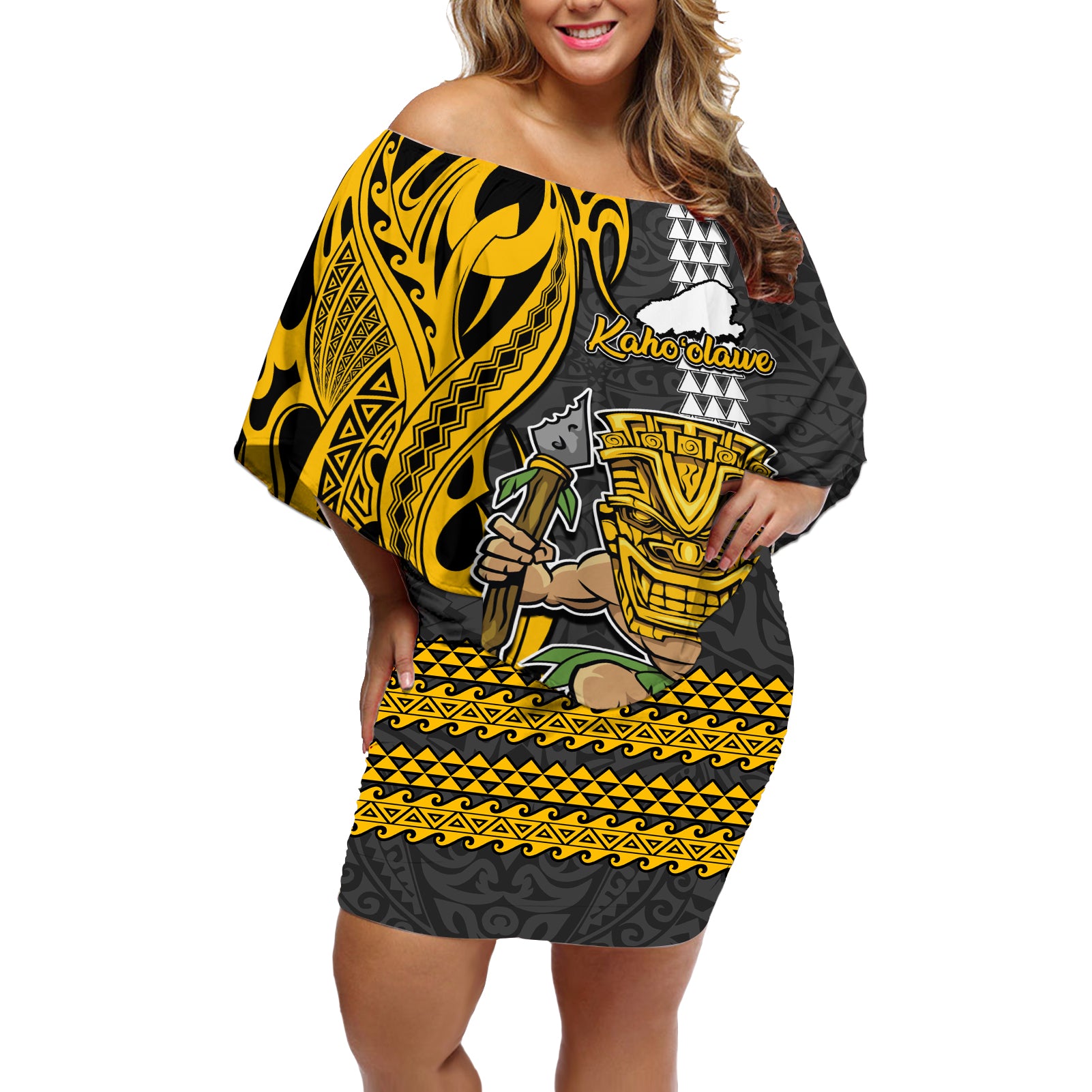 Hawaii Kahoolawe Island Off Shoulder Short Dress Hawaiian Warrior and Kakau Symbols Abstract Tattoo LT03 Women Yellow - Polynesian Pride