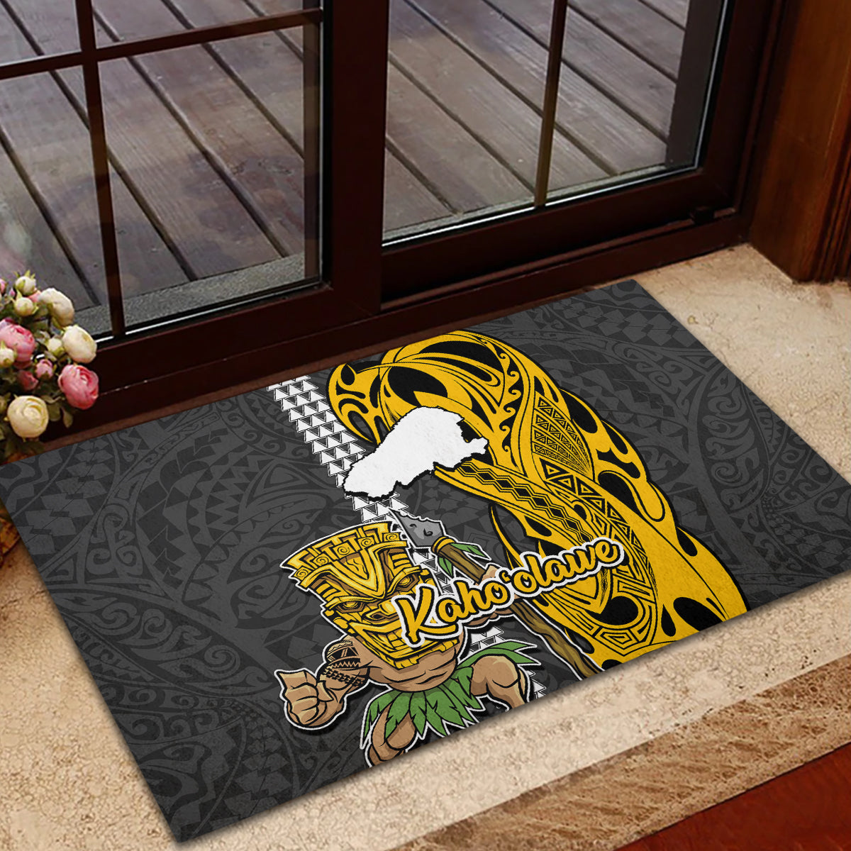 Hawaii Kahoolawe Island Rubber Doormat Hawaiian Warrior and Kakau Symbols Abstract Tattoo LT03 - Polynesian Pride
