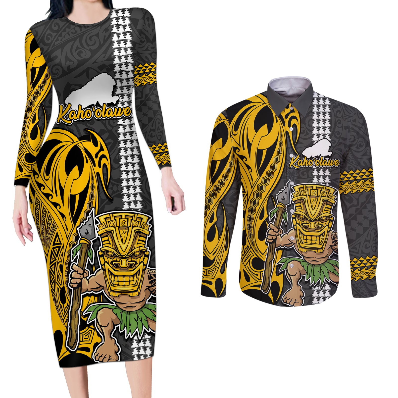 Custom Hawaii Kahoolawe Island Couples Matching Long Sleeve Bodycon Dress and Long Sleeve Button Shirts Hawaiian Warrior and Kakau Symbols Abstract Tattoo LT03 Yellow - Polynesian Pride