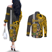 Custom Hawaii Kahoolawe Island Couples Matching Off The Shoulder Long Sleeve Dress and Long Sleeve Button Shirts Hawaiian Warrior and Kakau Symbols Abstract Tattoo LT03 - Polynesian Pride