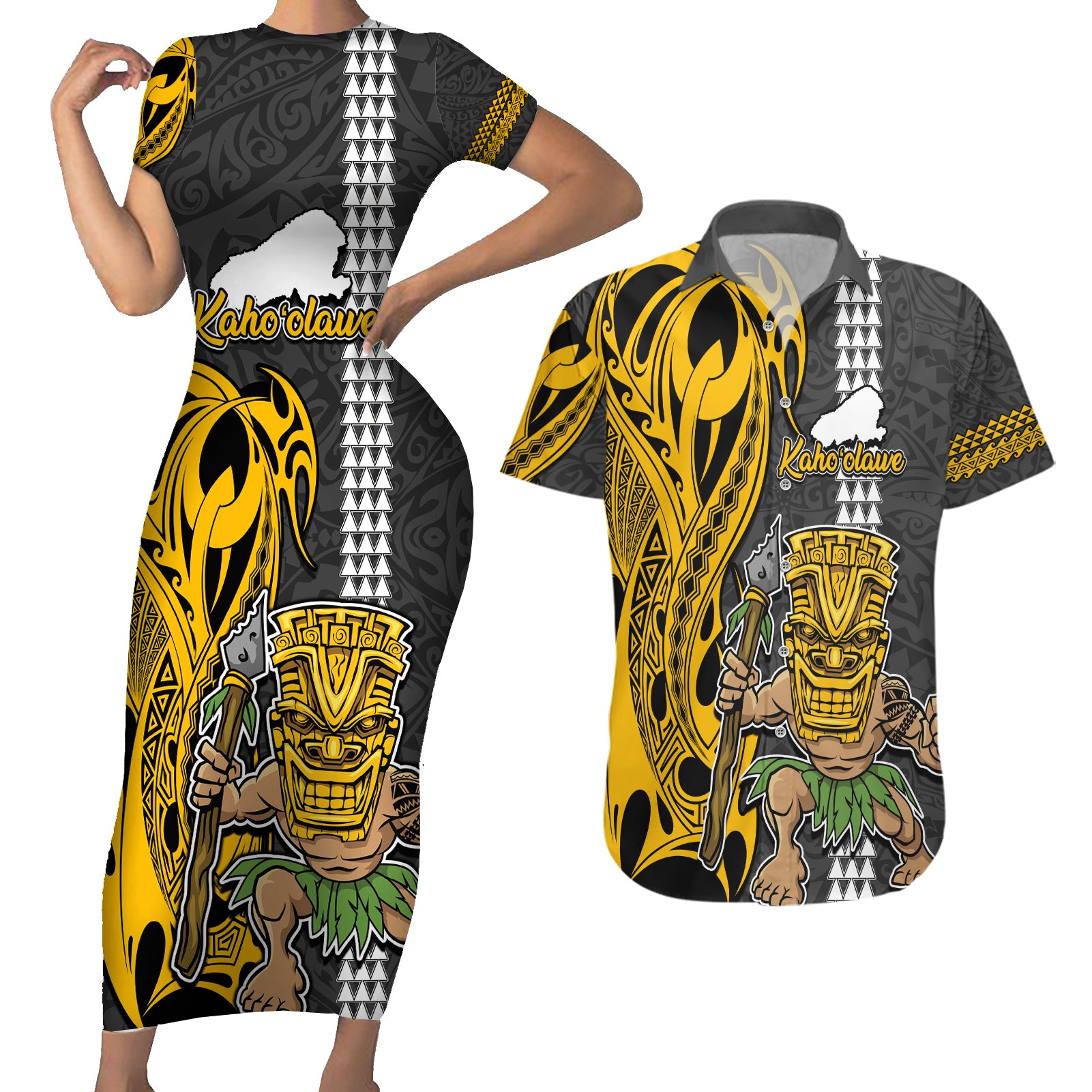 Custom Hawaii Kahoolawe Island Couples Matching Short Sleeve Bodycon Dress and Hawaiian Shirt Hawaiian Warrior and Kakau Symbols Abstract Tattoo LT03 Yellow - Polynesian Pride