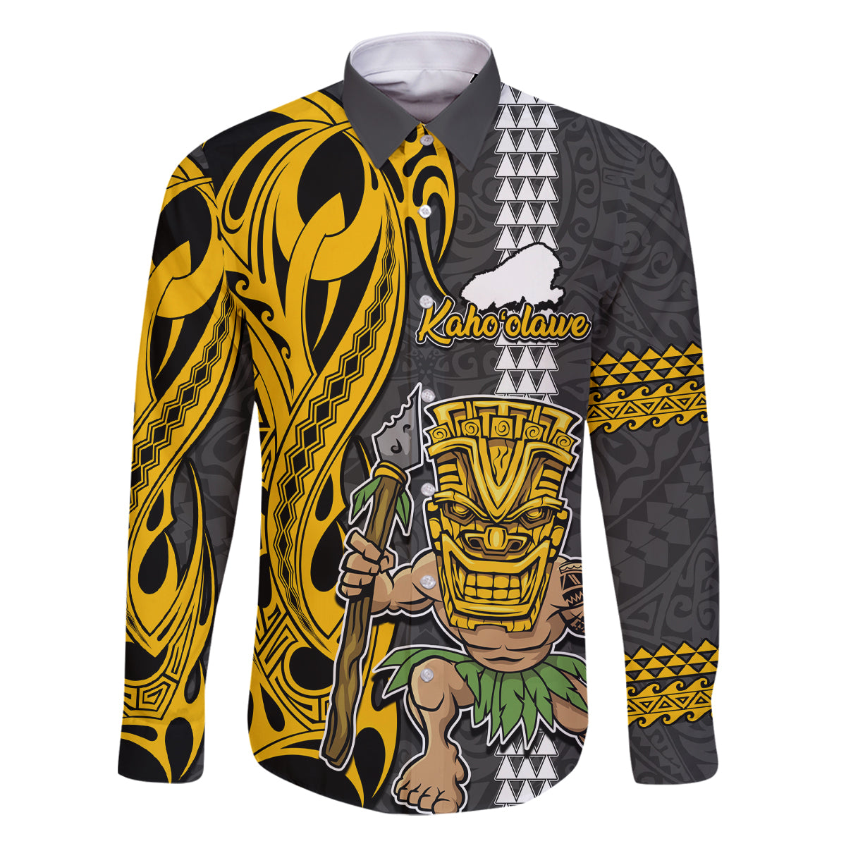 Custom Hawaii Kahoolawe Island Family Matching Long Sleeve Bodycon Dress and Hawaiian Shirt Hawaiian Warrior and Kakau Symbols Abstract Tattoo LT03 Dad's Shirt - Long Sleeve Yellow - Polynesian Pride