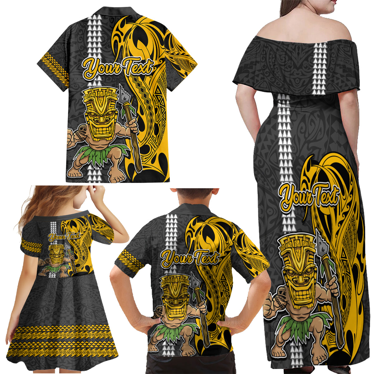 Custom Hawaii Kahoolawe Island Family Matching Off Shoulder Maxi Dress and Hawaiian Shirt Hawaiian Warrior and Kakau Symbols Abstract Tattoo LT03 - Polynesian Pride