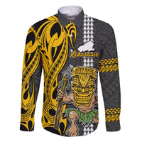 Custom Hawaii Kahoolawe Island Family Matching Off Shoulder Short Dress and Hawaiian Shirt Hawaiian Warrior and Kakau Symbols Abstract Tattoo LT03 Dad's Shirt - Long Sleeve Yellow - Polynesian Pride