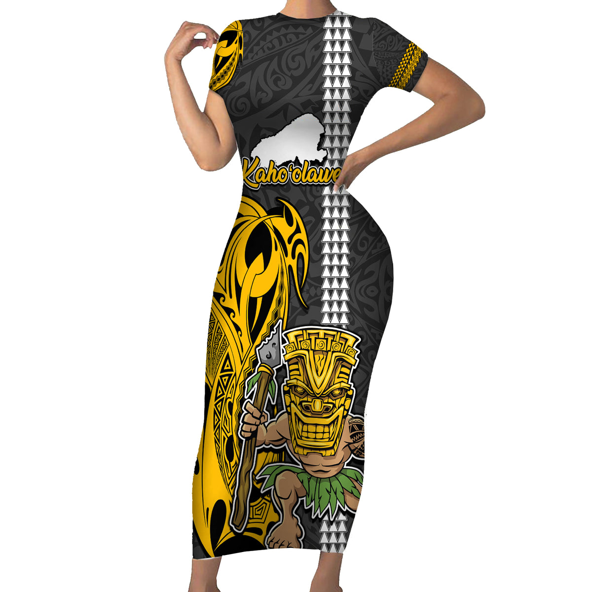 Custom Hawaii Kahoolawe Island Family Matching Short Sleeve Bodycon Dress and Hawaiian Shirt Hawaiian Warrior and Kakau Symbols Abstract Tattoo LT03 Mom's Dress Yellow - Polynesian Pride